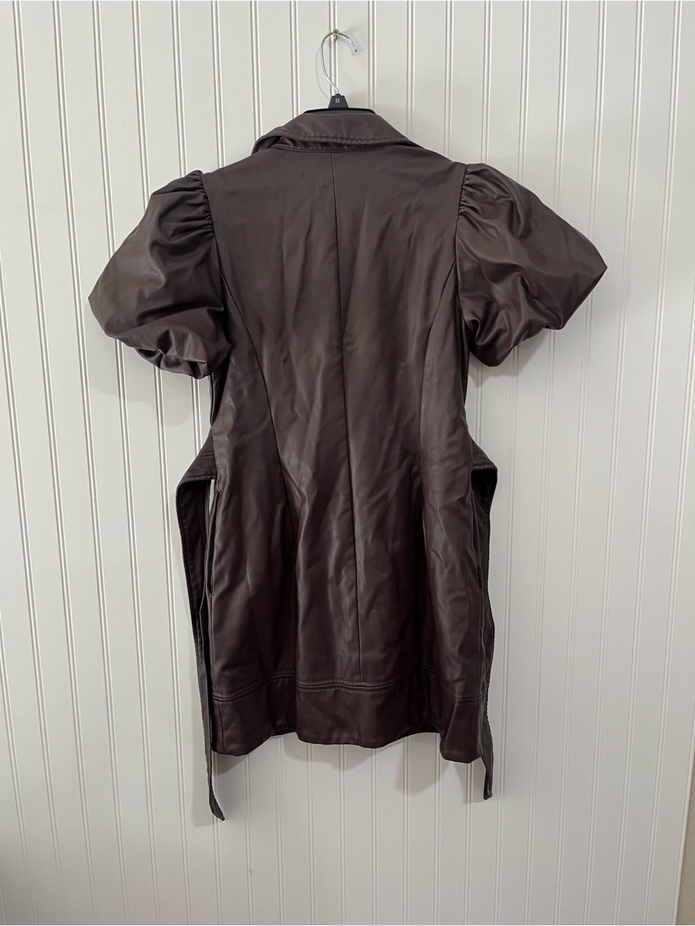 Puff-Sleeve Faux Leather Mini Dress in Dark Brown - Picture 7 of 8
